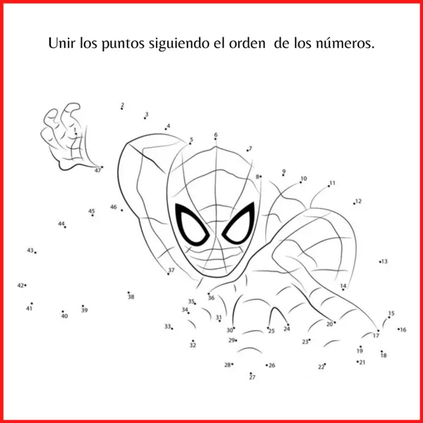 Unir los puntos siguiendo el orden de los números Juego infantil de destreza manual Spiderman